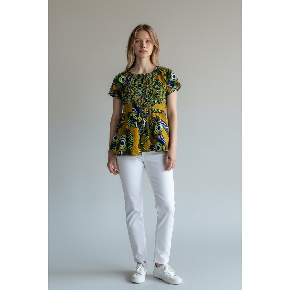 African Ankara Print Smocked Peplum Top Mustard Green Blue Puff Sleeve‎ Belted